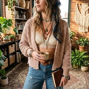 POL Taupe Chunky Knit Sherpa Dostressed Cropped Cardigan